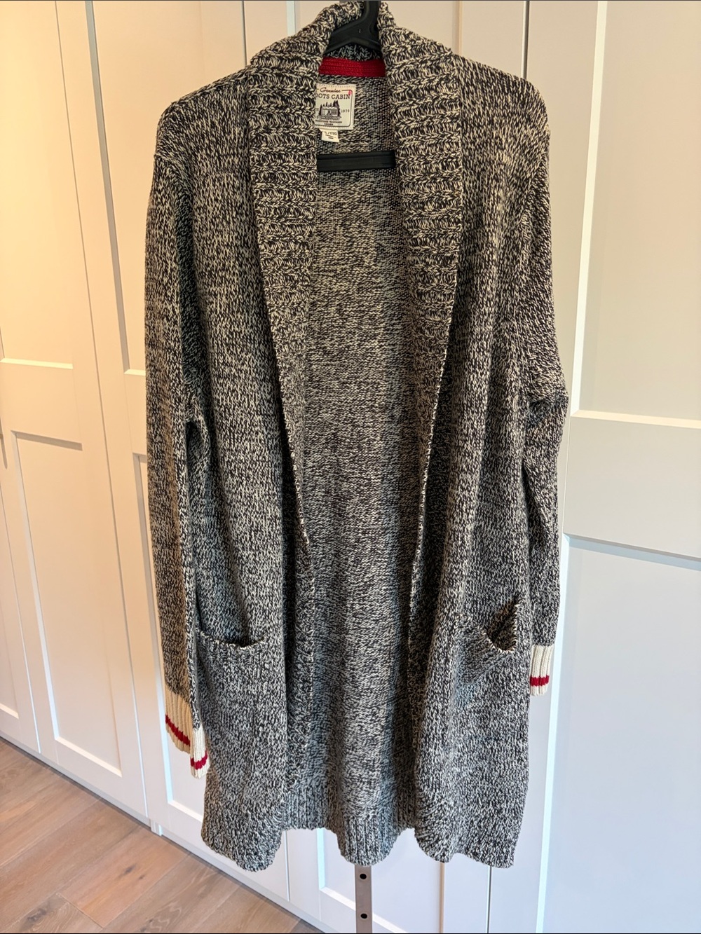 Roots Marled Gray Open-Front Shawl Collar Cardigan with Red Cuff Detail